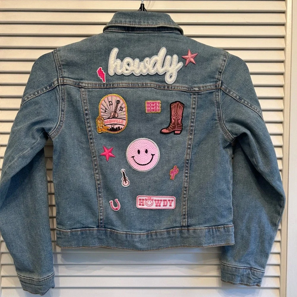 Wonder‎ Nation Girls Denim Jacket Medium Patches Embellished Western